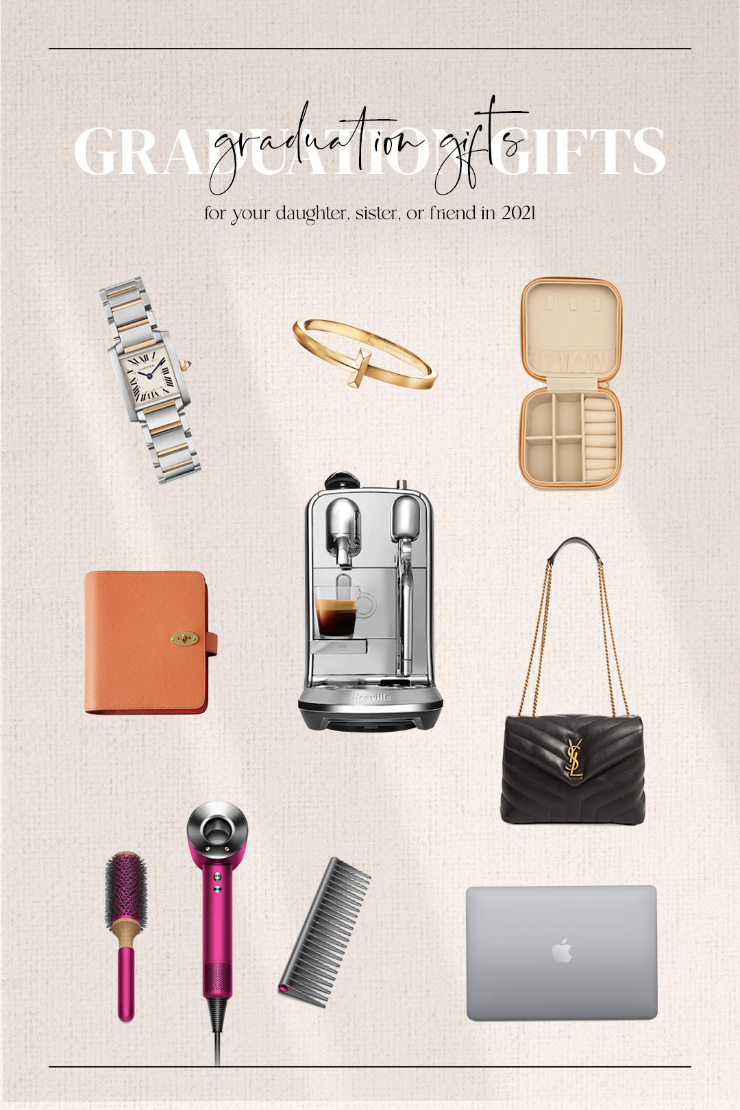 8 graduation gift ideas by lifestyle blogger Tania, with love. Picks include dyson hair dryer, YSL bag, Macbook pro, cartier tank watch, tiffany bracelet, nespresso coffee maker, mulberry agenda and a vegan leather jewelry box.