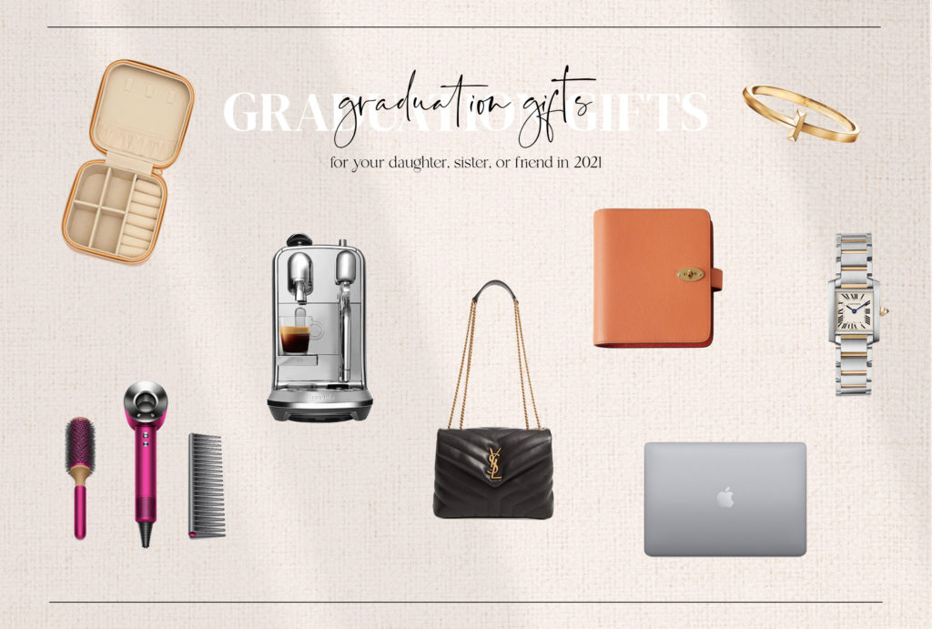 8 graduation gift ideas by lifestyle blogger Tania, with love. Picks include dyson hair dryer, YSL bag, Macbook pro, cartier tank watch, tiffany bracelet, nespresso coffee maker, mulberry agenda and a vegan leather jewelry box.