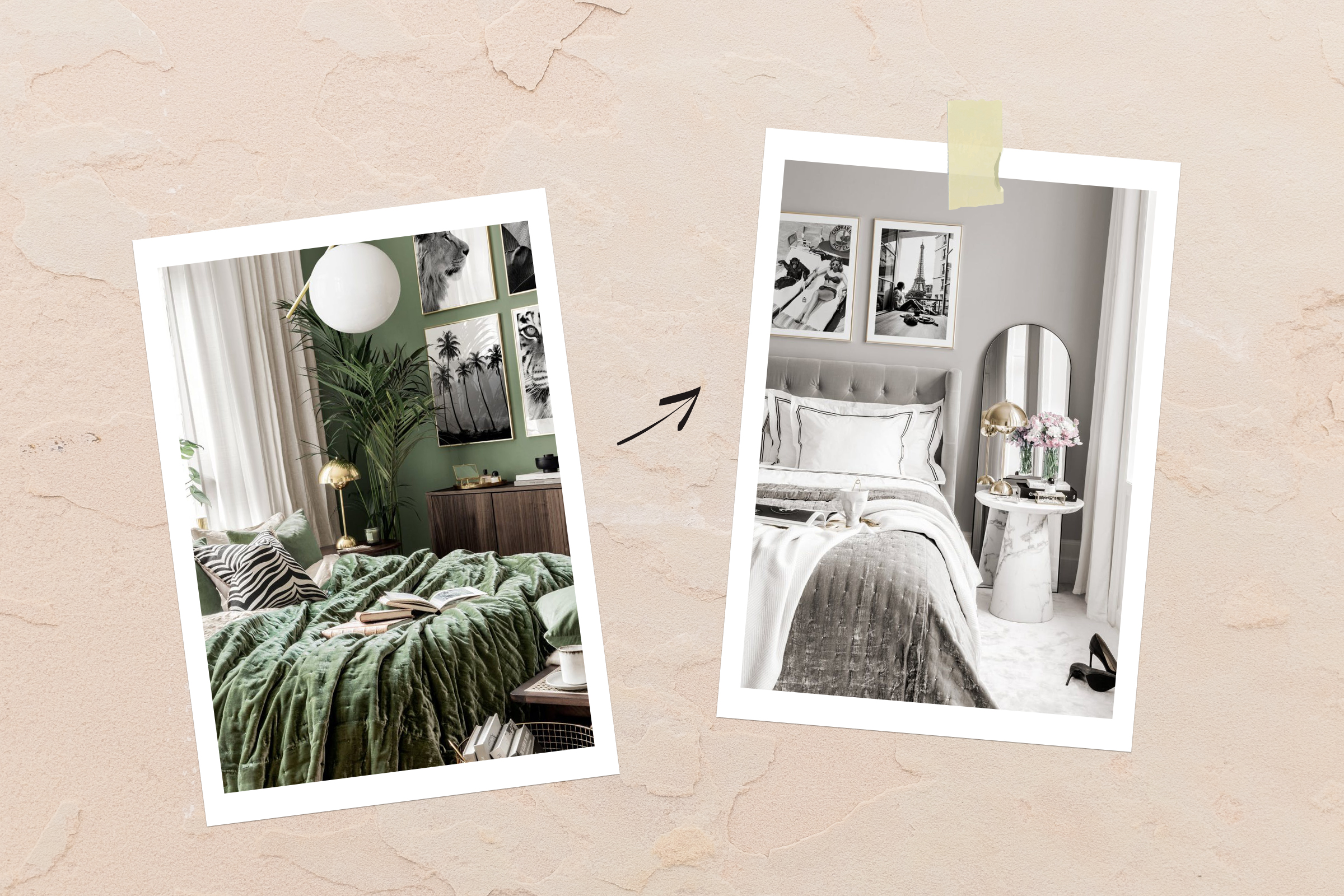 A collage showing two images of luxurious bedrooms, one bedroom is gray and one bedroom is green. 
