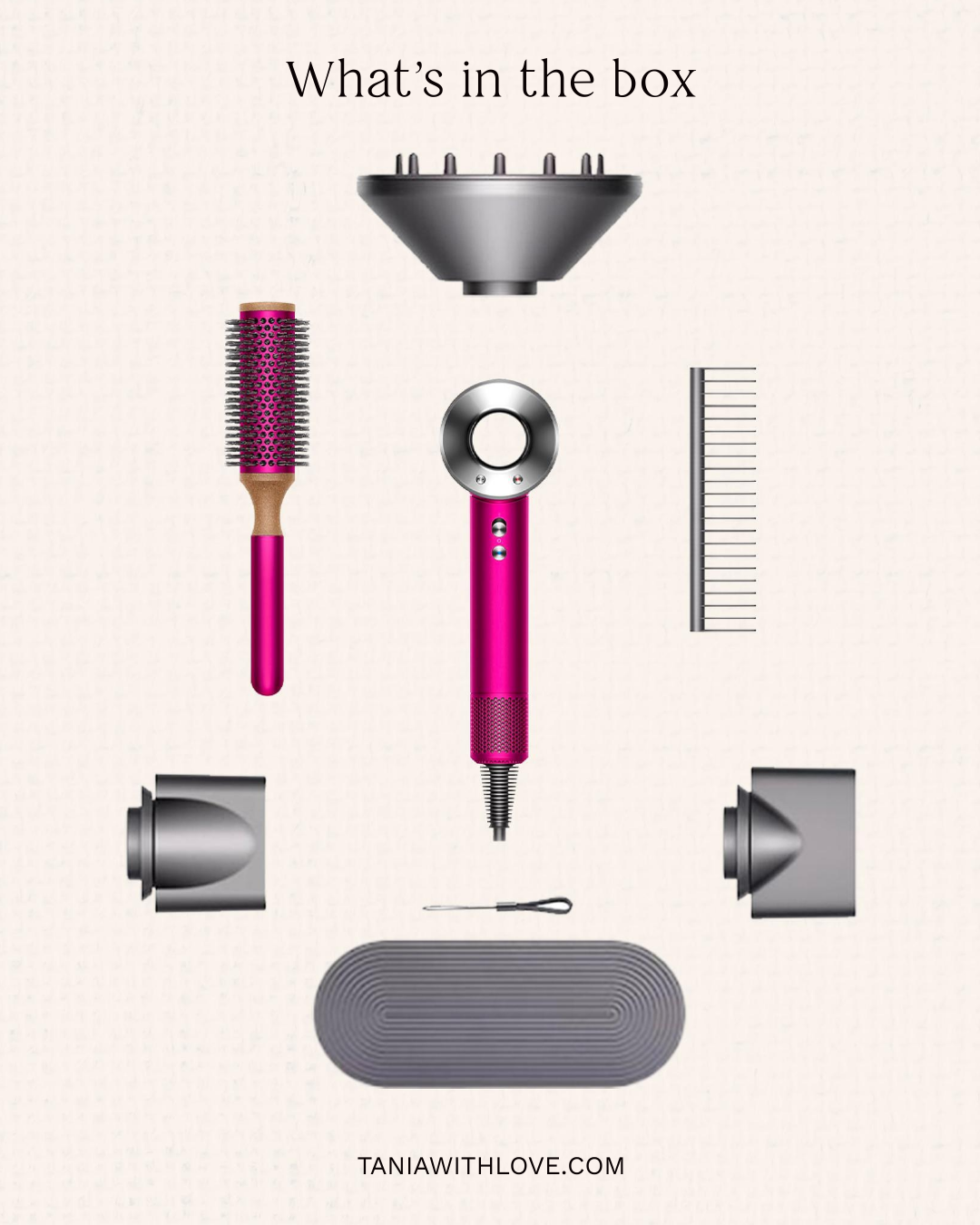 All the items that come with the Dyson Supersonic Dryer gift set.