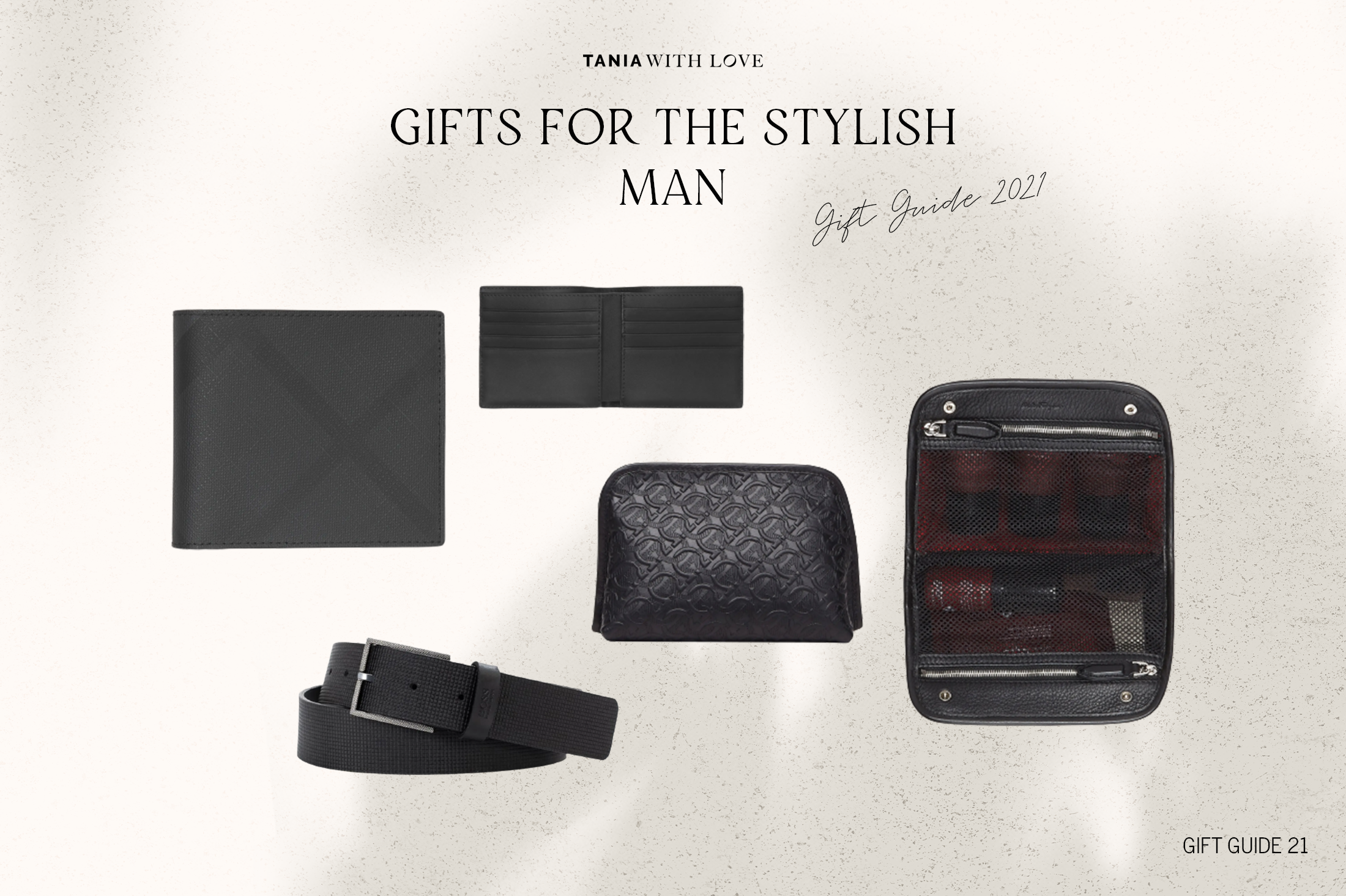 holiday gifts for men who need fashion accessories. A collage of leather goods including a wallet, Dopp kit and belt. 