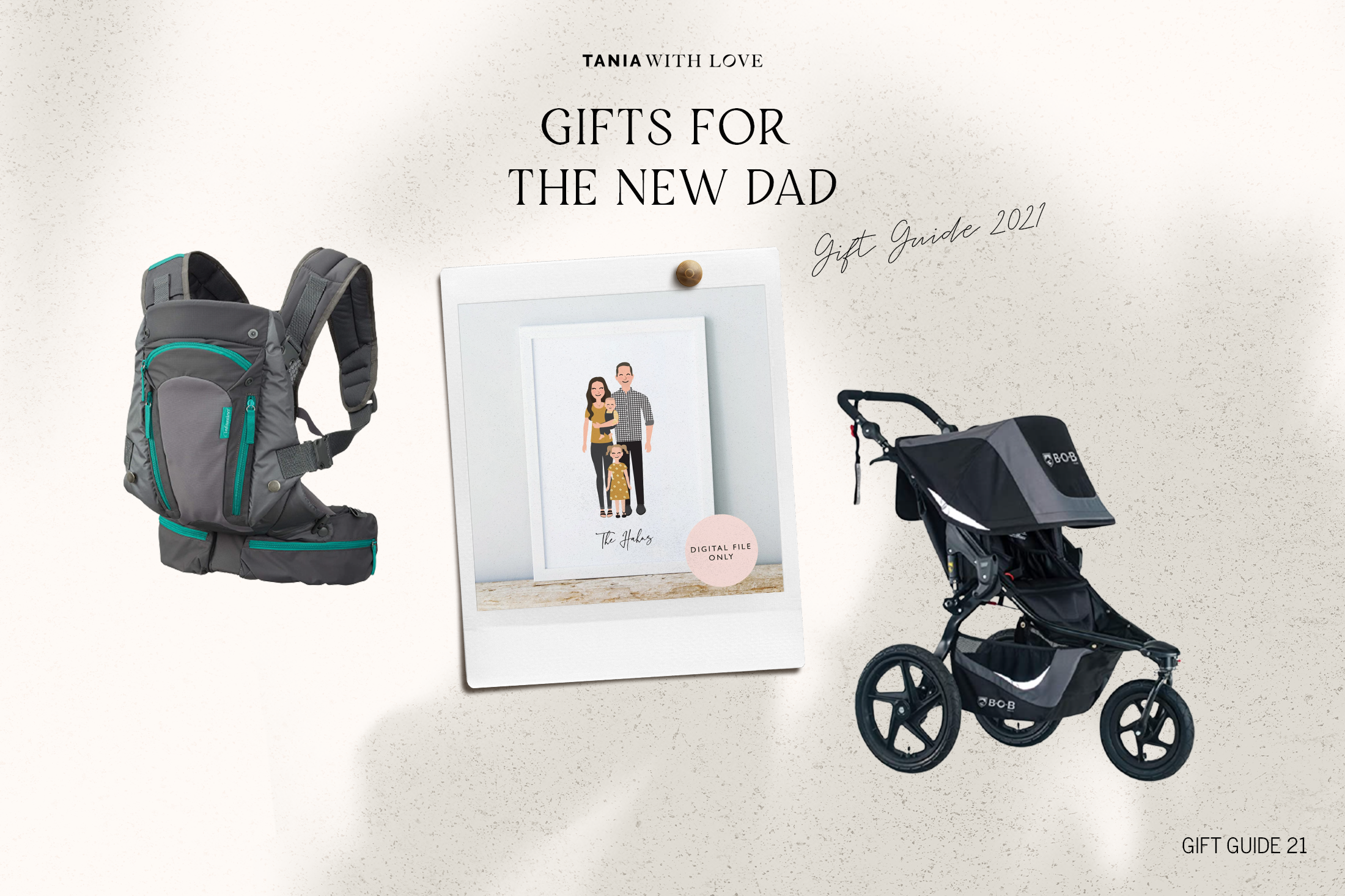 holiday gifts for men that are new fathers. Shows collage with stroller, family portrait, baby Bjorn