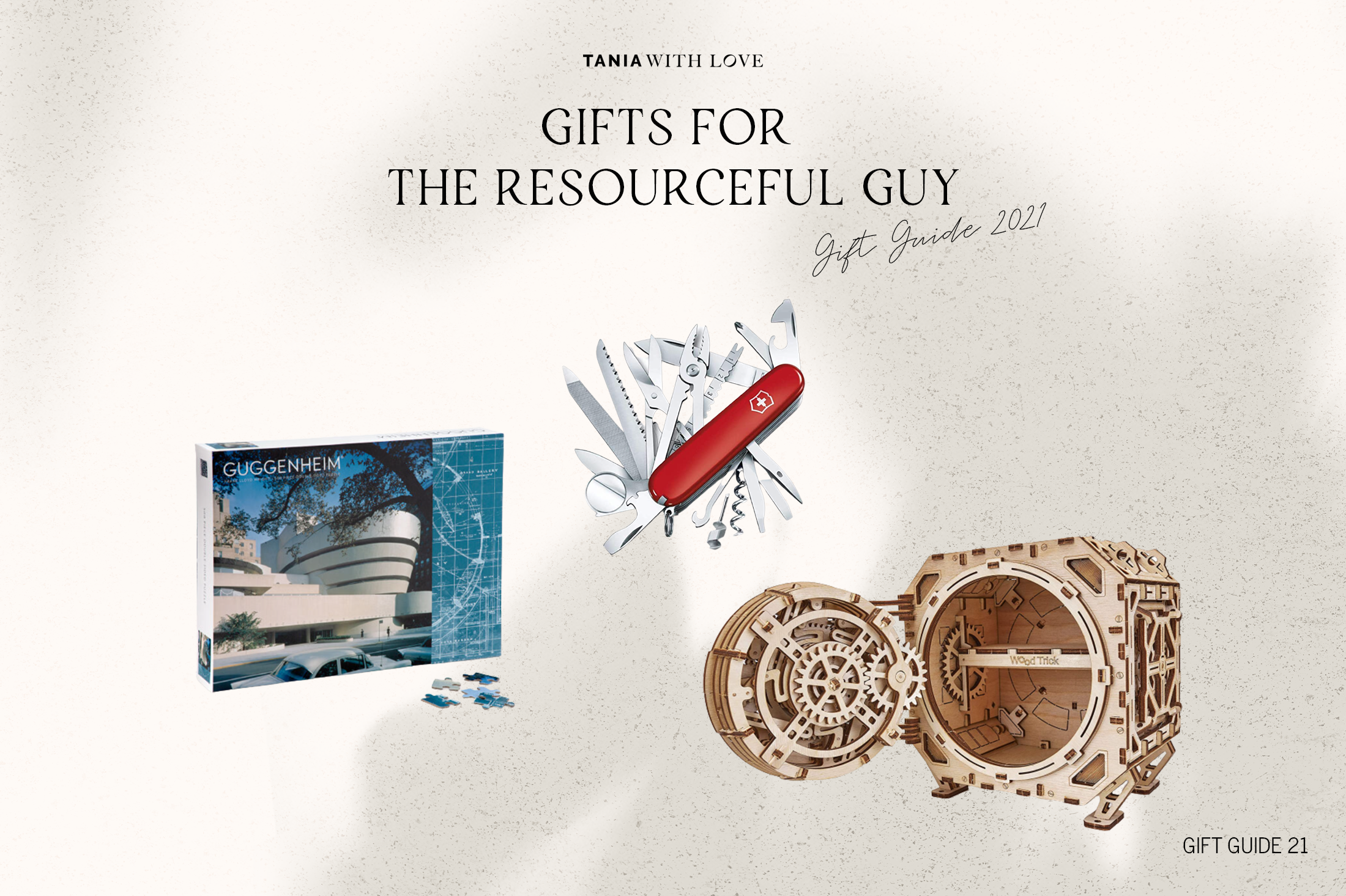 holiday gifts for men for the resourceful guy. Swiss army knife, 2 sided puzzle and 3d puzzle. 