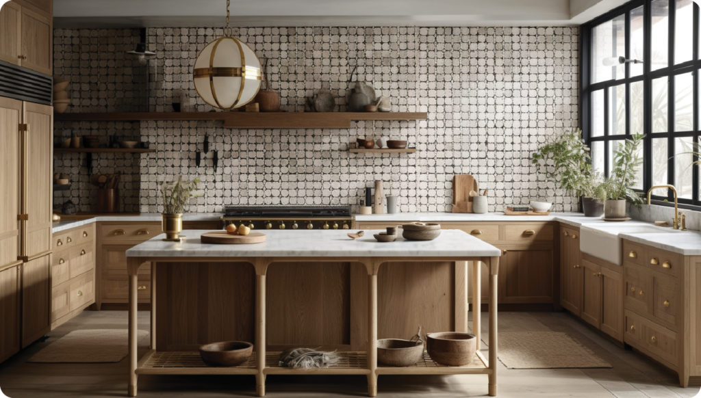 white oak kitchen cabinets with mosaic tiles image