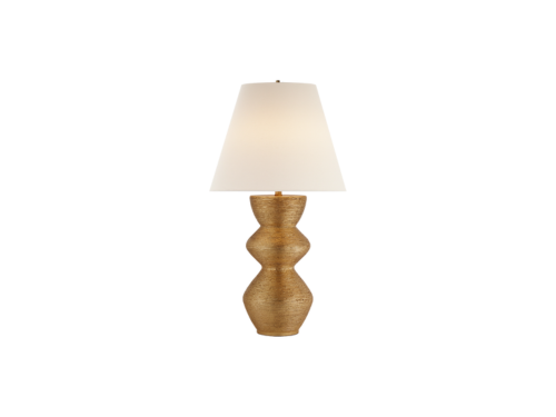 table lamp with distressed gold base and white shape