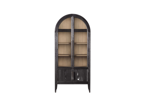 wood cabinet with curved top and glass doors
