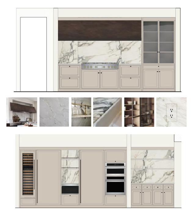 Graphic illustration of Elevation drawings of a kitchen