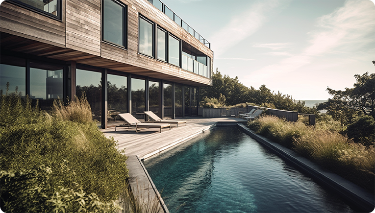 modern exterior of a Hamptons house with a view of the pool