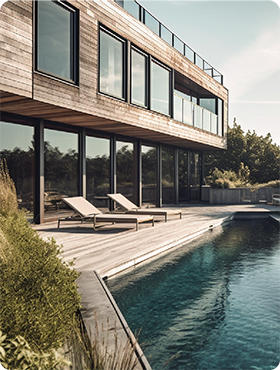modern exterior of a Hamptons house with a view of the pool