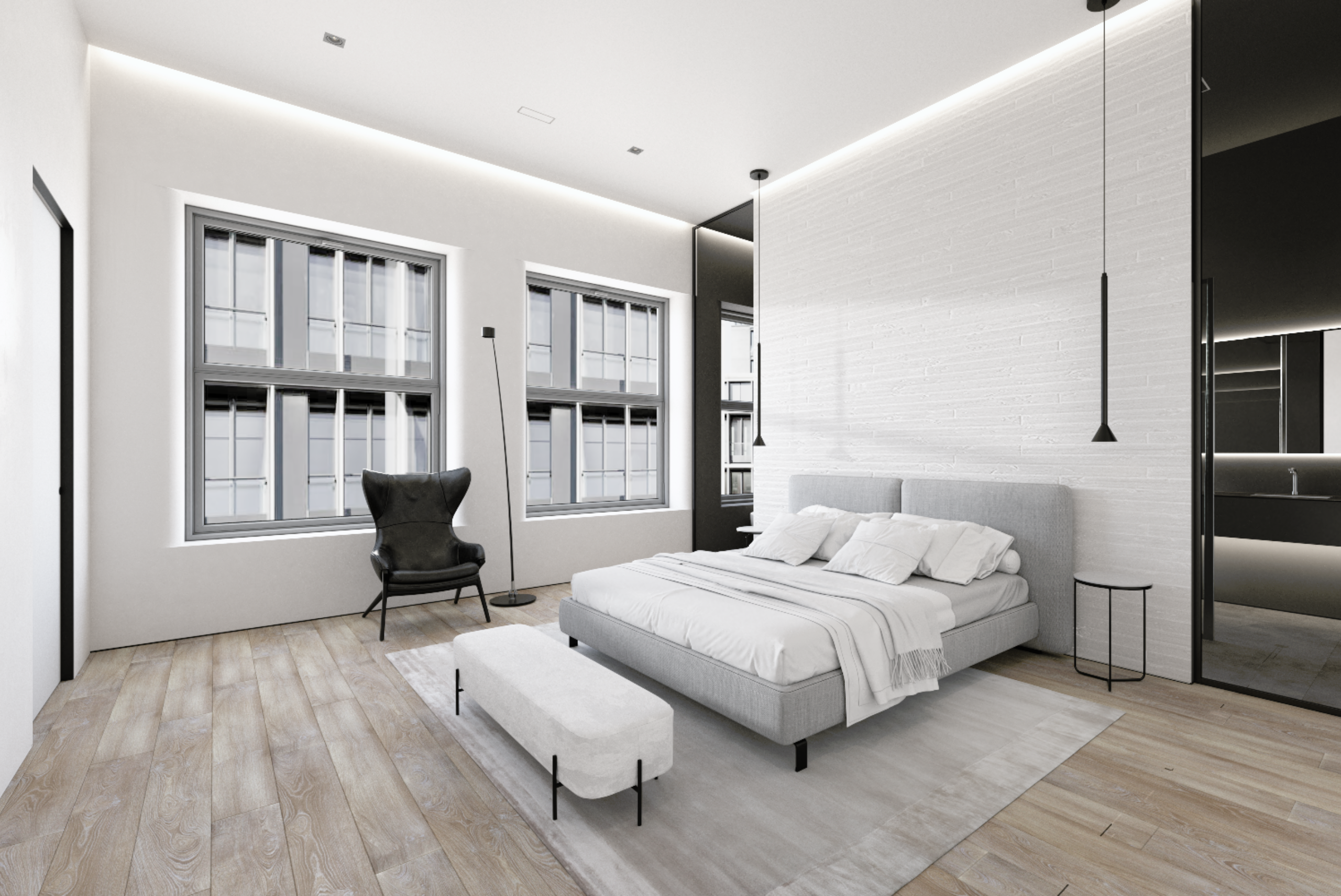 studio TPE, tania elyseu creates a white bedroom with dark metal details in Soho apartment project