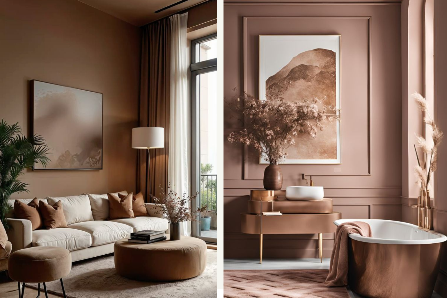 a living room with a sofa and an ottoman with mocha color accents and a second image with a bathroom  with a copper tub and mocha colored walls